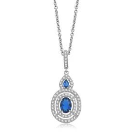 Jewelili Sterling Silver 6x8mm Oval Created Ceylon Sapphire, 3x4mm Pear Created Ceylon Sapphire and Round Created White Sapphire Halo Pendant Necklace, 18" Rolo Chain