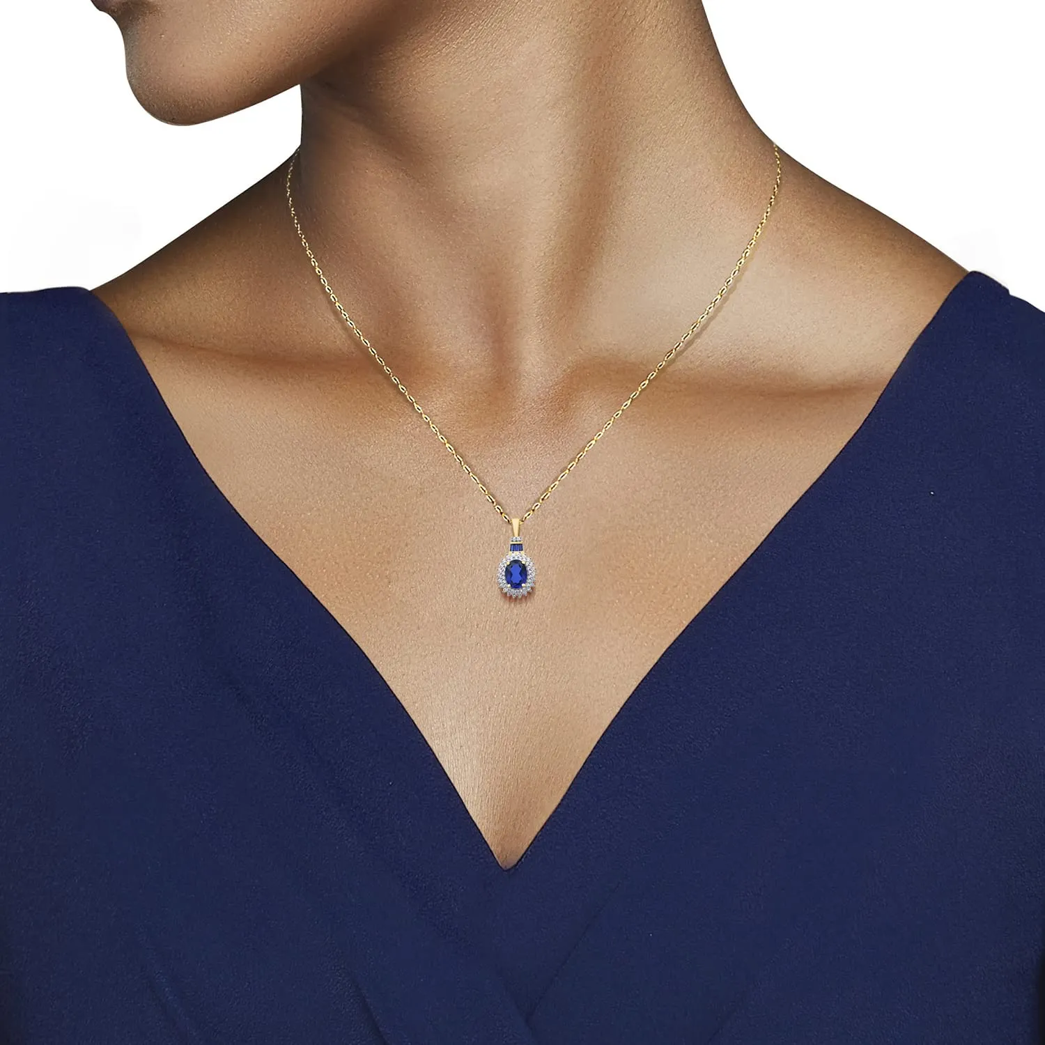 Jewelili Yellow Gold Over Sterling Silver With Created Blue Sapphire and Created White Sapphire Pendant Necklace