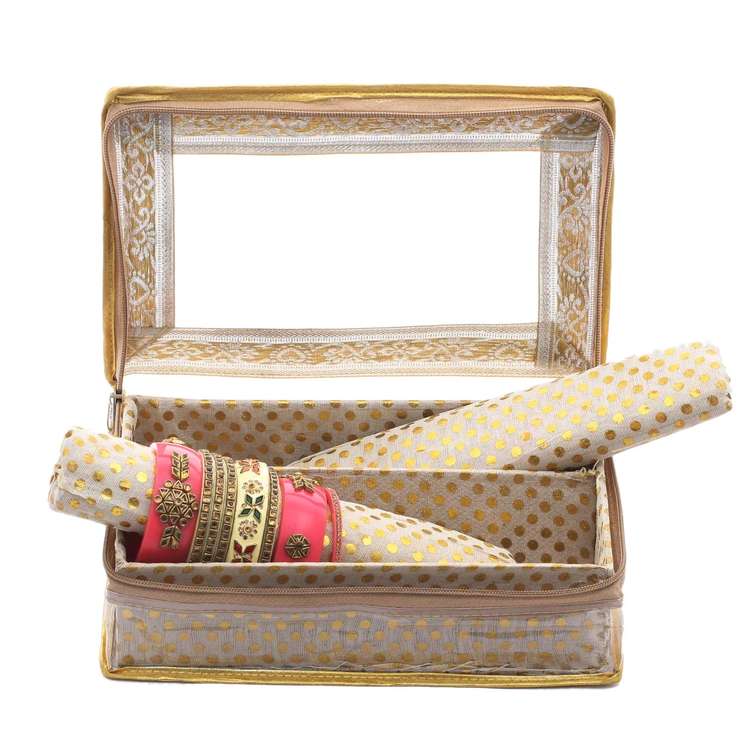 Kuber Industries Brocade Hardboard 2 Pieces Two Rod Bangle Box (Gold) - CTKTC42083