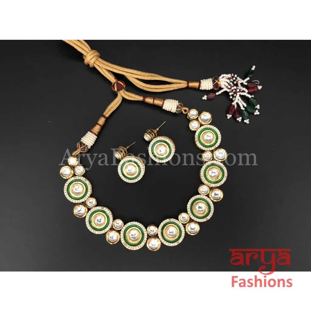 Kundan CZ Necklace with Green Meenakari