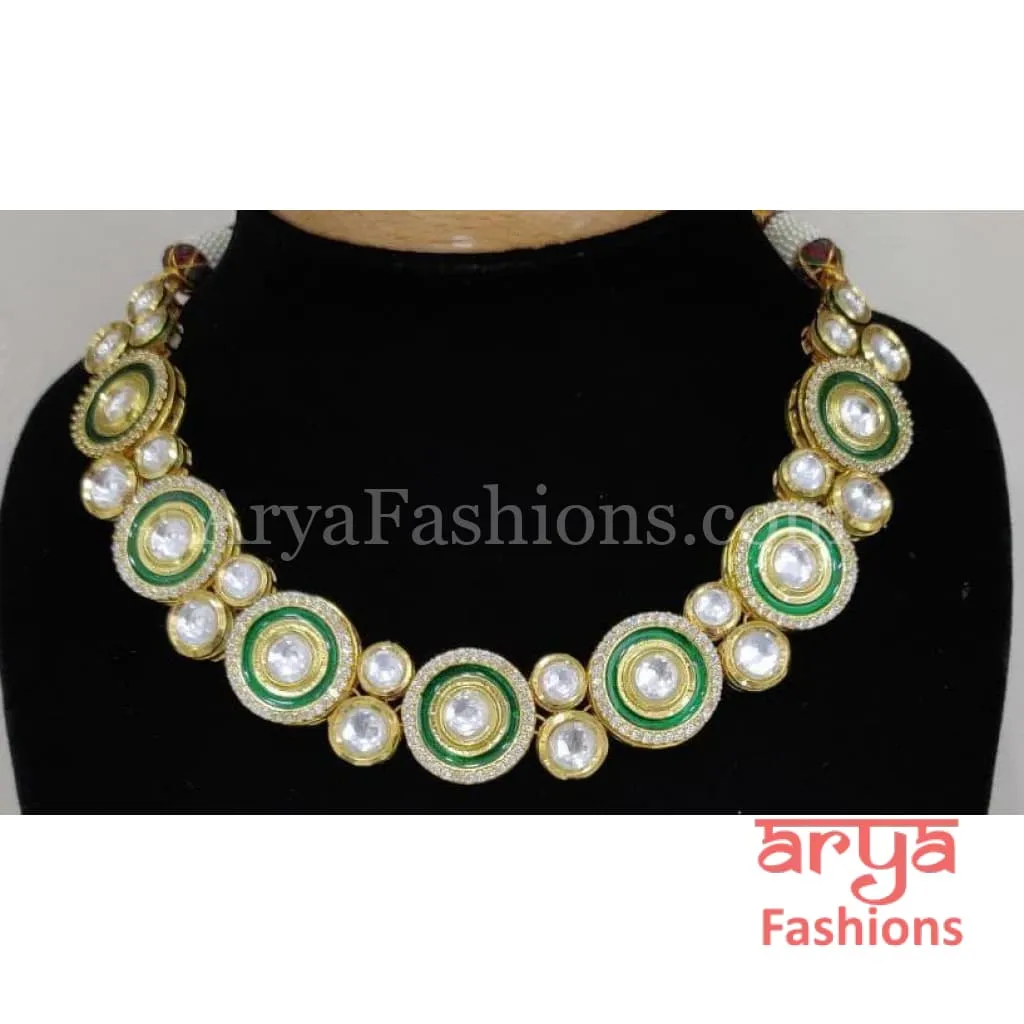 Kundan CZ Necklace with Green Meenakari