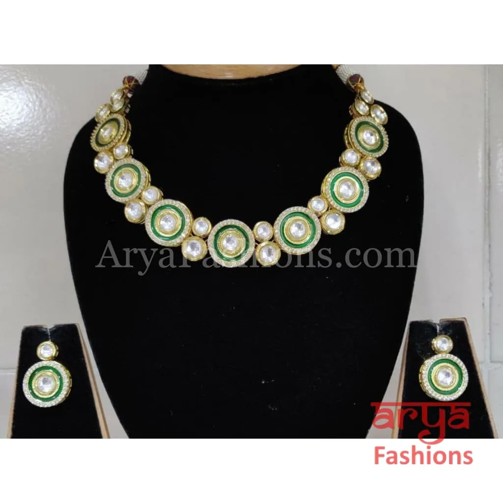 Kundan CZ Necklace with Green Meenakari