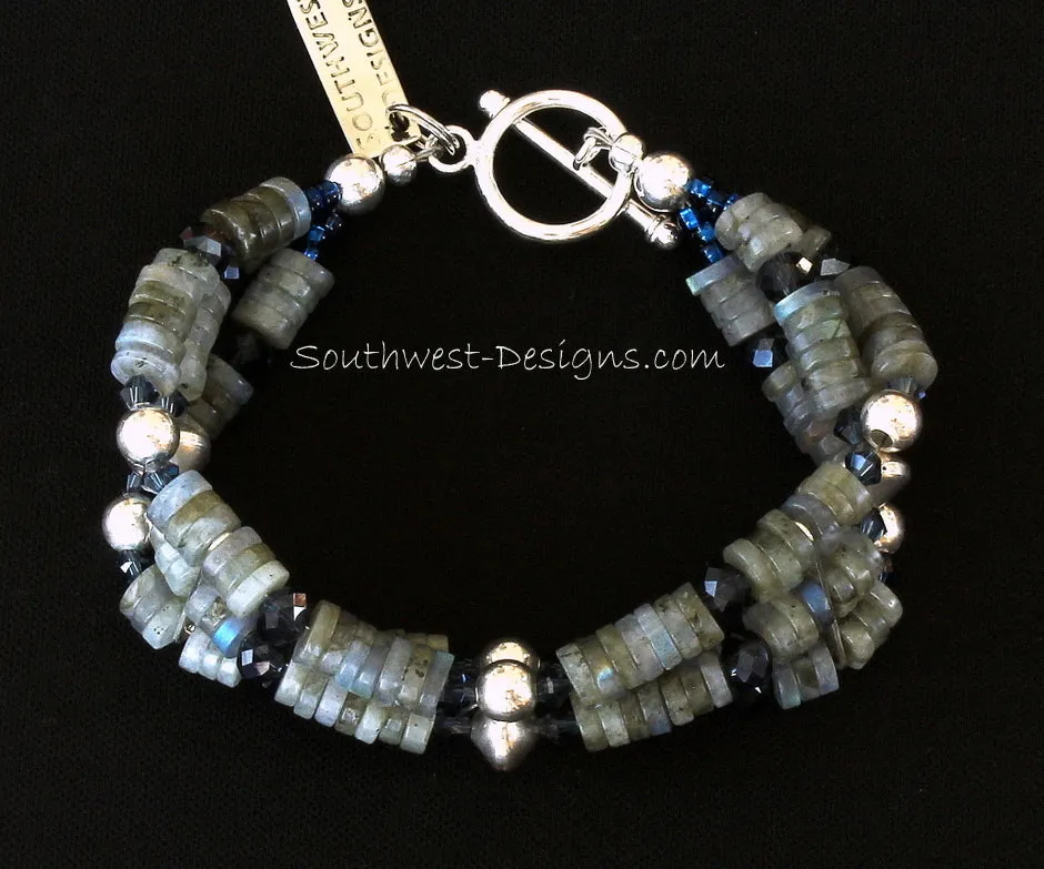 Labradorite Heishi 3-Strand Bracelet with Thunder Polish & Swarovski Crystal, Sterling Silver Rounds & Bicones, and Sterling Toggle Clasp