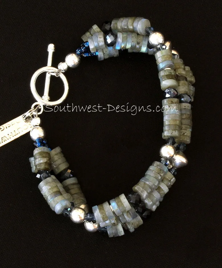 Labradorite Heishi 3-Strand Bracelet with Thunder Polish & Swarovski Crystal, Sterling Silver Rounds & Bicones, and Sterling Toggle Clasp