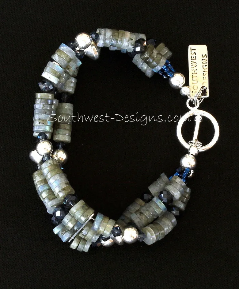 Labradorite Heishi 3-Strand Bracelet with Thunder Polish & Swarovski Crystal, Sterling Silver Rounds & Bicones, and Sterling Toggle Clasp