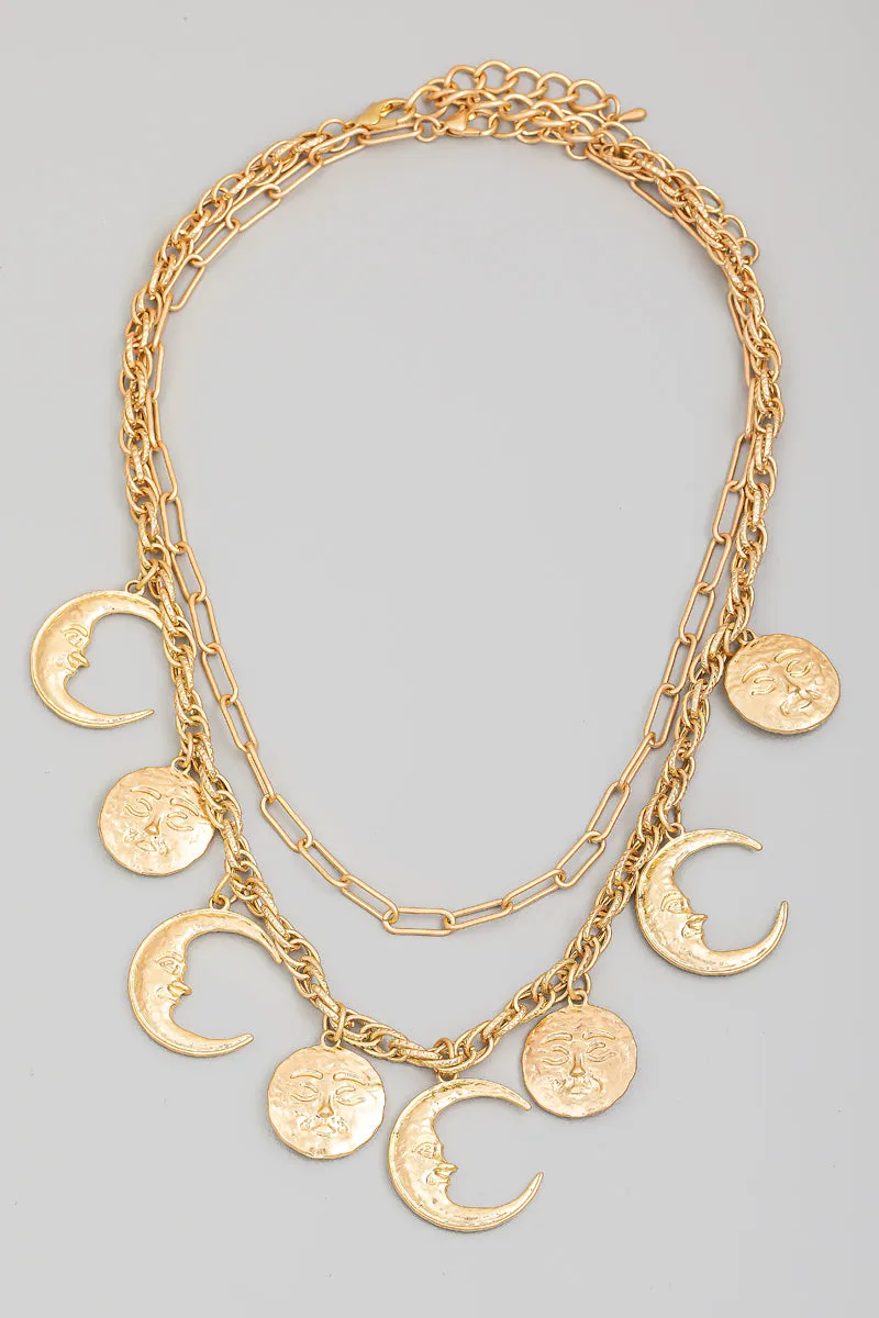 Layered Hammered Moon Face Charm Necklace