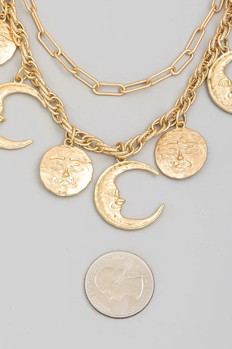 Layered Hammered Moon Face Charm Necklace