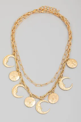 Layered Hammered Moon Face Charm Necklace