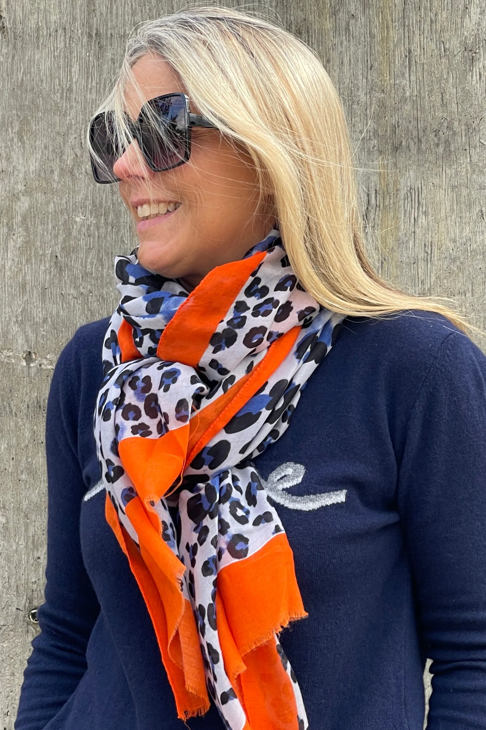 Leo Print Bright Border Scarf | Orange