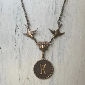 Letter Charm Necklace with Birds- in Antiqued Brass or Silver.