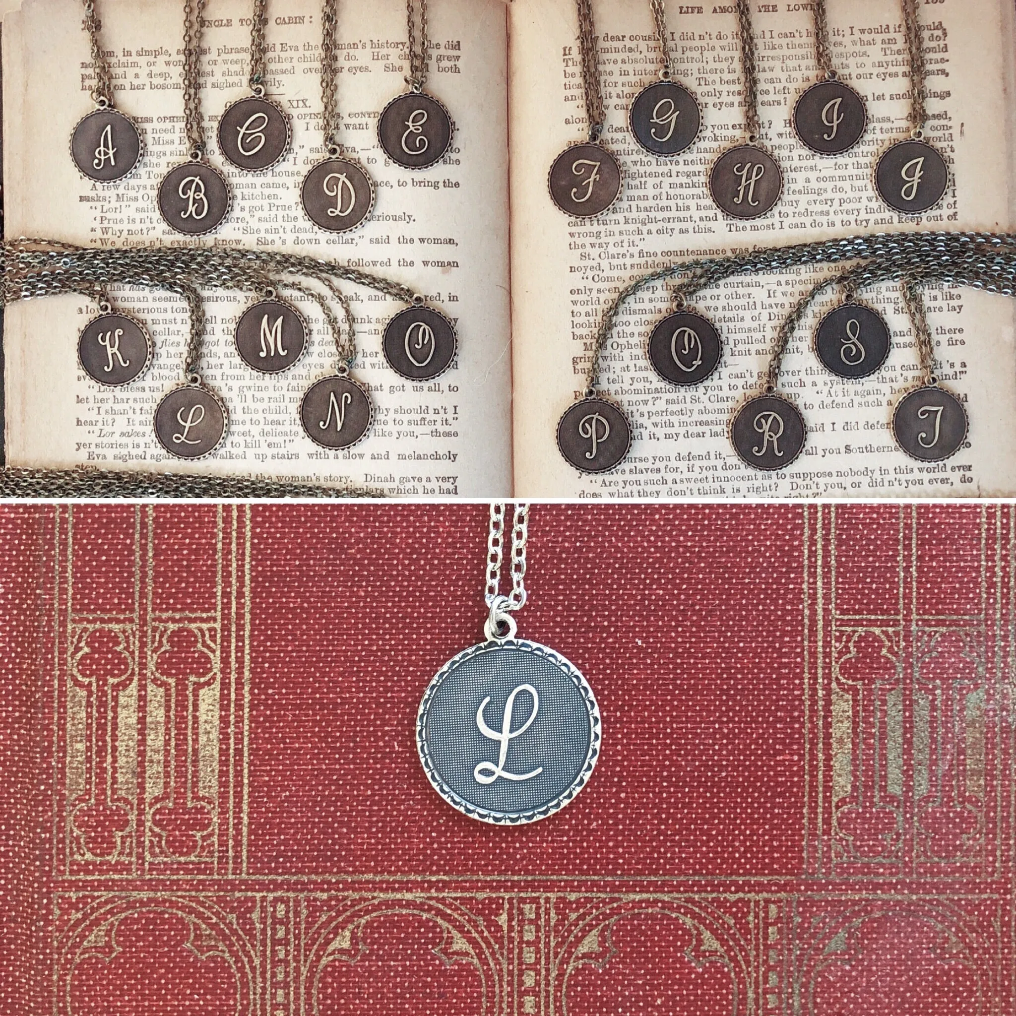 Letter Charm Necklace with Birds- in Antiqued Brass or Silver.