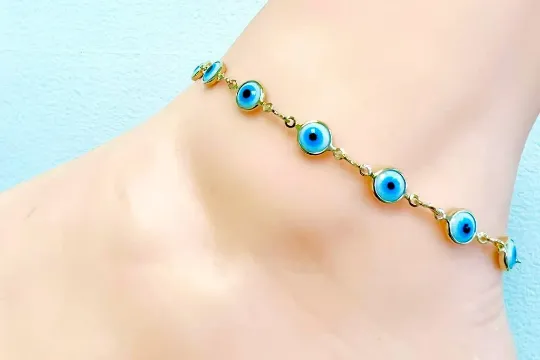 Light Blue Evil Eye Anklet Bracelet for Womens in Gold Filled Bracelet for Foot 10" Protection Jewelry Bracelet Pulsera de Pie Ojo Turco Oro