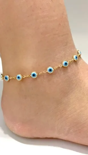 Light Blue Evil Eye Anklet Bracelet for Womens in Gold Filled Bracelet for Foot 10" Protection Jewelry Bracelet Pulsera de Pie Ojo Turco Oro