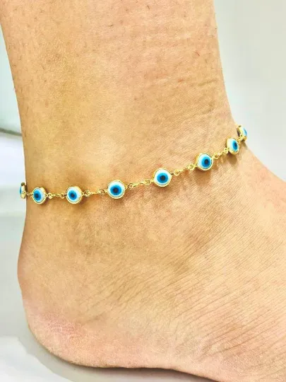 Light Blue Evil Eye Anklet Bracelet for Womens in Gold Filled Bracelet for Foot 10" Protection Jewelry Bracelet Pulsera de Pie Ojo Turco Oro