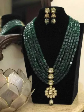 Long Kundan Pendant Green Beads Necklace