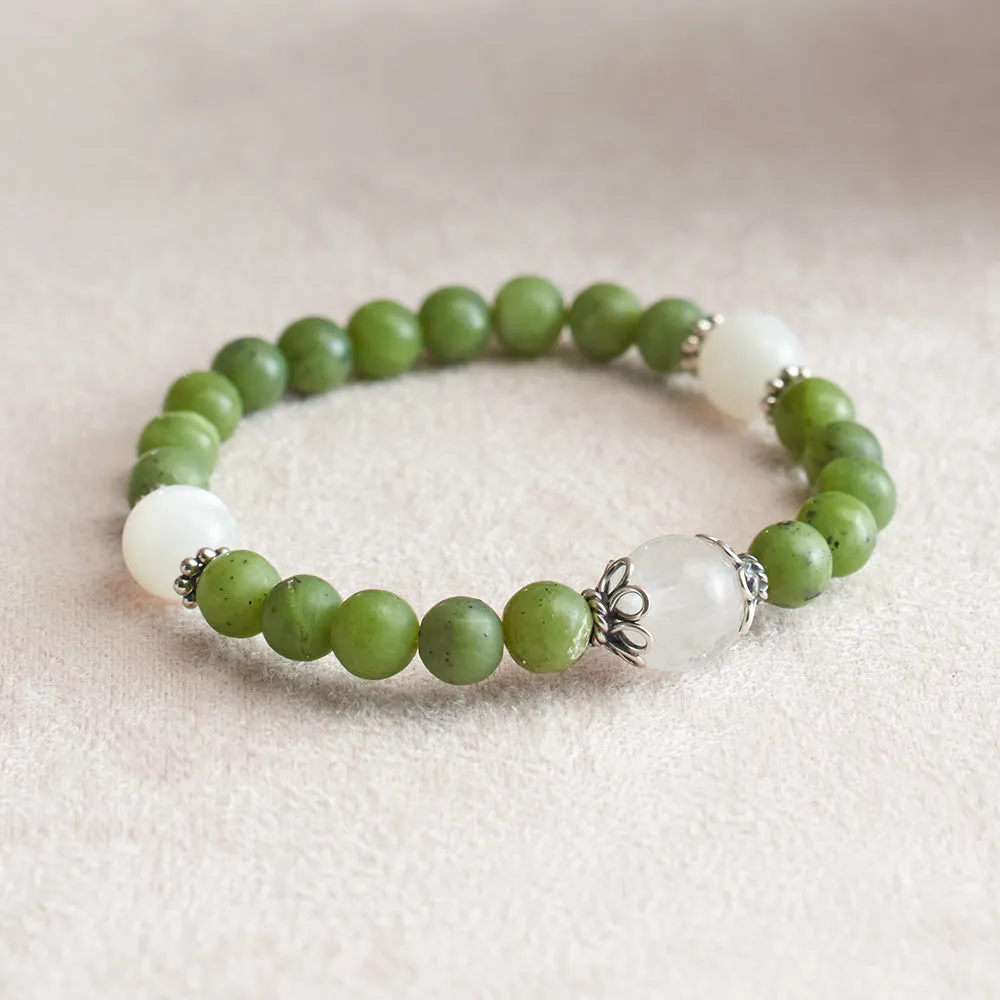 Matte Canadian Jade and Moonstone Stretchy Wrist Mala Bracelet