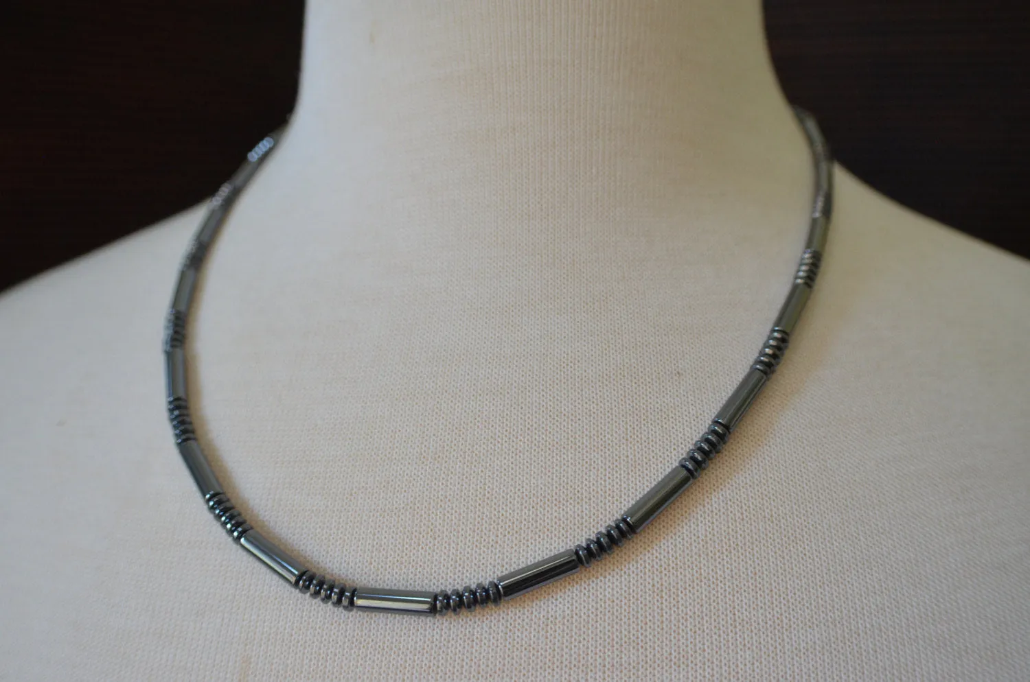 Mens Gray Hematite Beaded Stone Thin Long Necklace - Morris