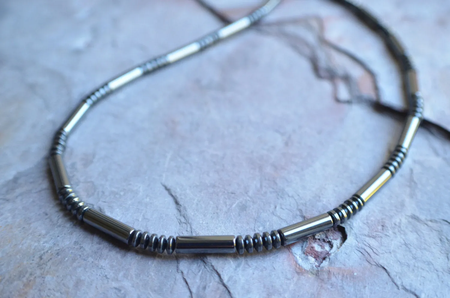 Mens Gray Hematite Beaded Stone Thin Long Necklace - Morris