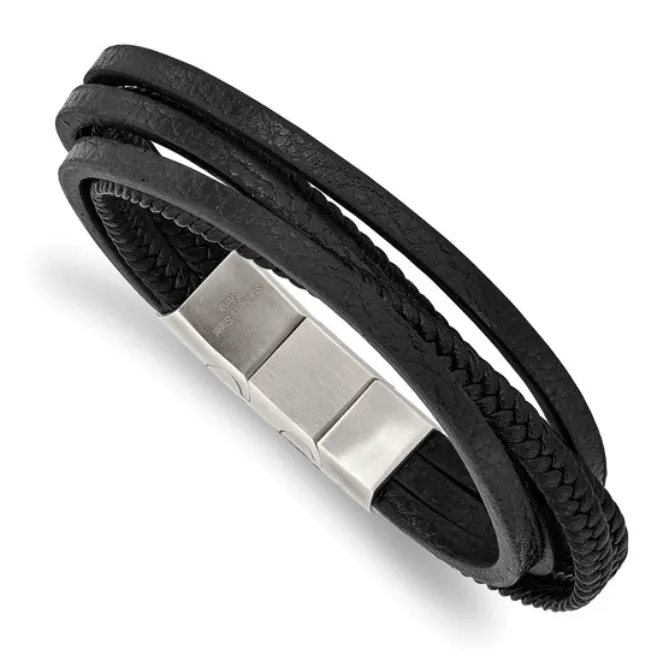 Men's Stainless Steel Polished Multi Strand Black Leather Bracelet (SI3604)