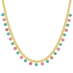 Mini Bezel Tennis Necklace with 1/3 Pink Sapphire & Turquoise Bezel Accents