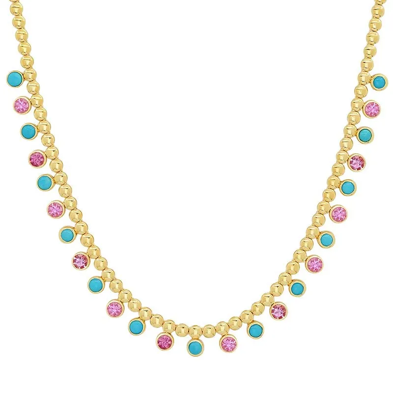 Mini Bezel Tennis Necklace with 1/3 Pink Sapphire & Turquoise Bezel Accents