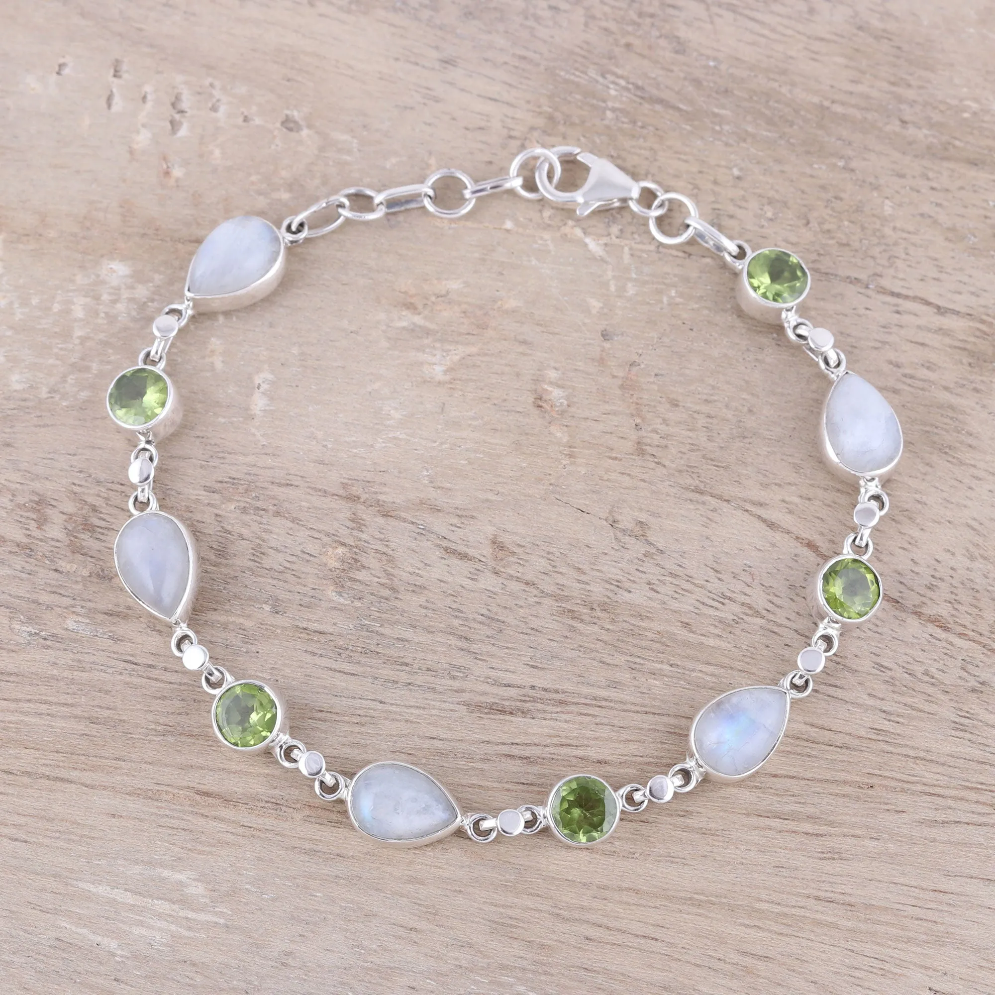 Misty Forest Sterling Silver Rainbow Moonstone and Peridot Link Bracelet