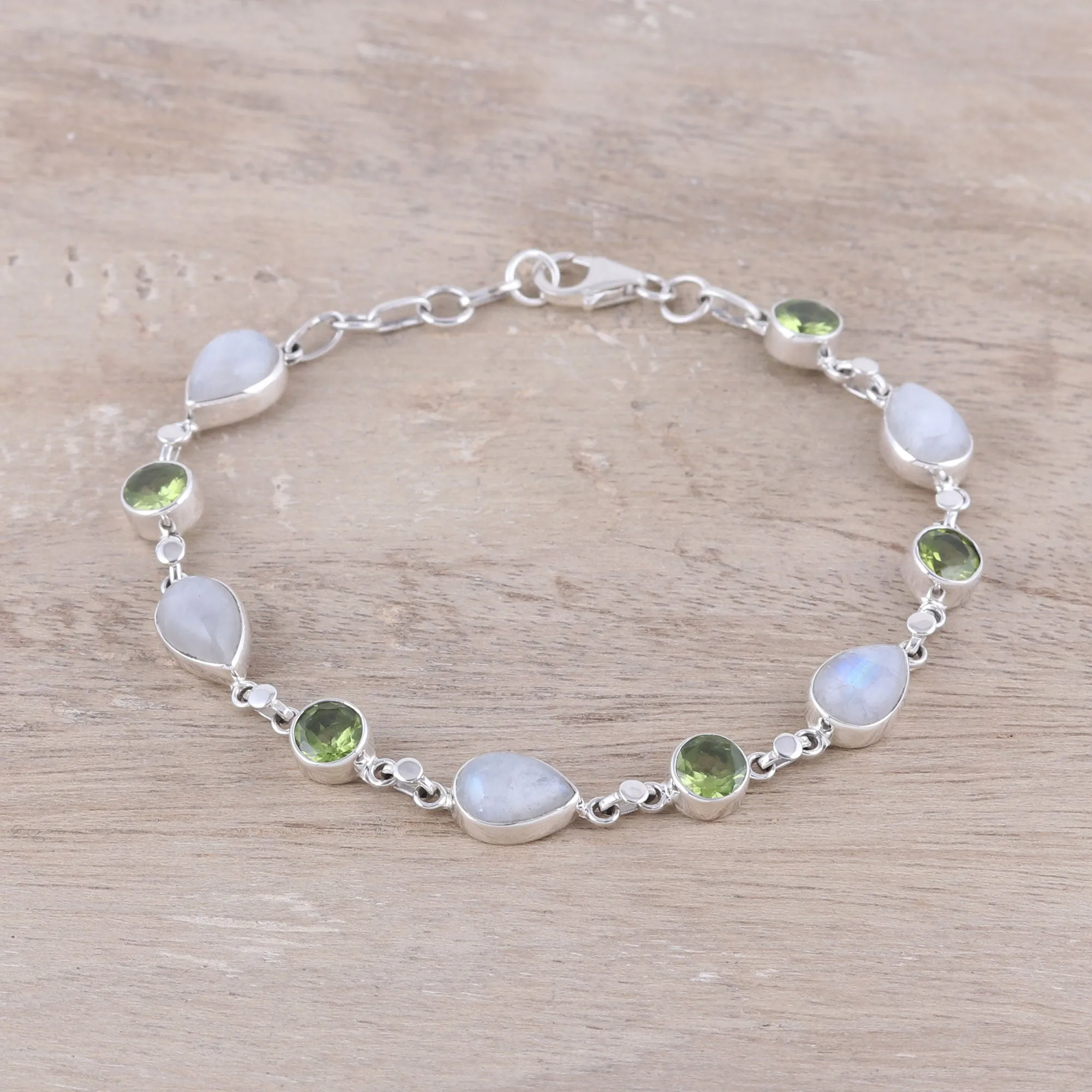 Misty Forest Sterling Silver Rainbow Moonstone and Peridot Link Bracelet