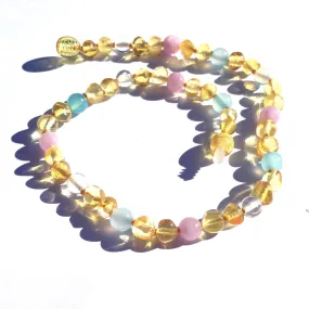 Momma Goose Amber Teething Necklace-Wild Lemon-Rose Quartz, Clear Quartz & Amazonite