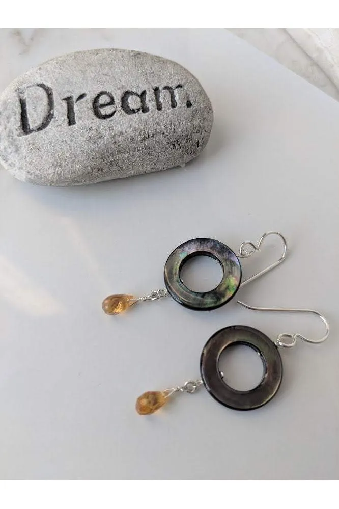 Mother of Pearl, Citrine Gemstone Long Dangle Earrings