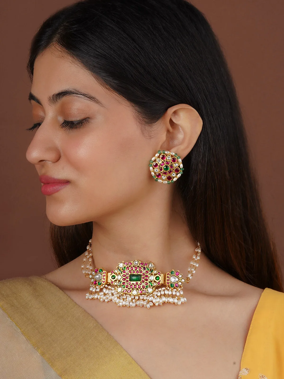 Multicolor Gold Plated Temple Necklace Set - TMPSET226M