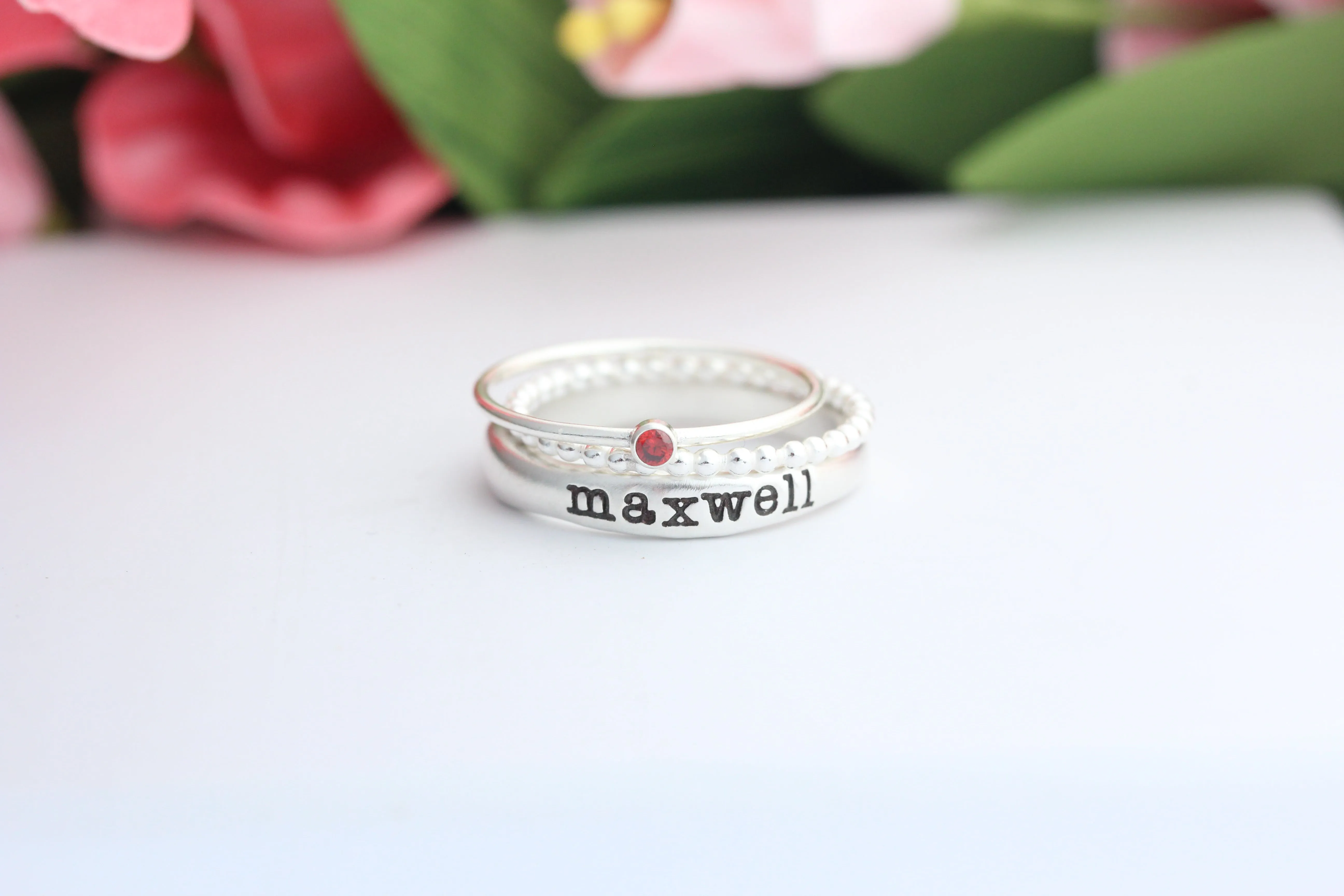 name ring   bead ring   birthstone ring {sterling silver}