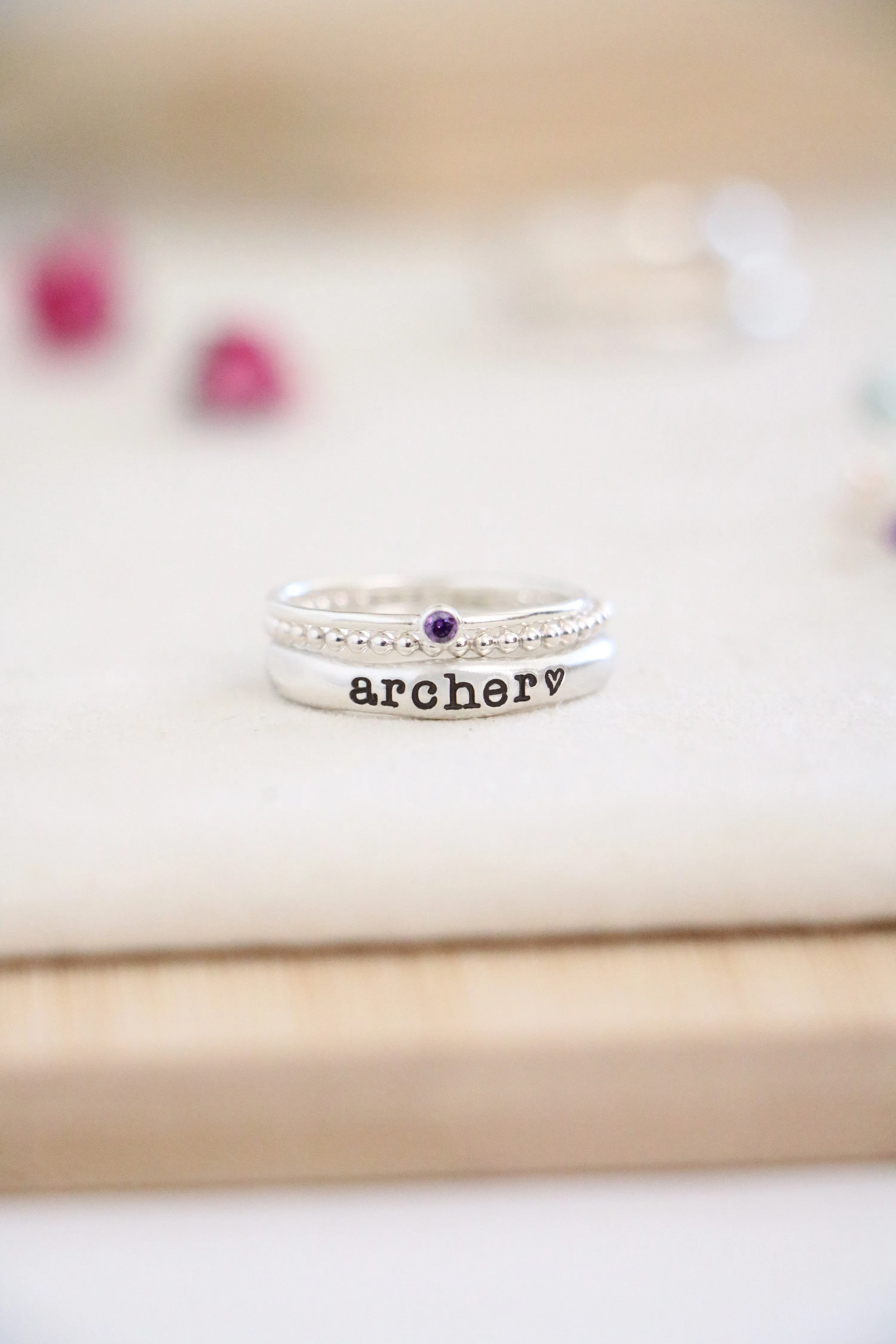 name ring   bead ring   birthstone ring {sterling silver}