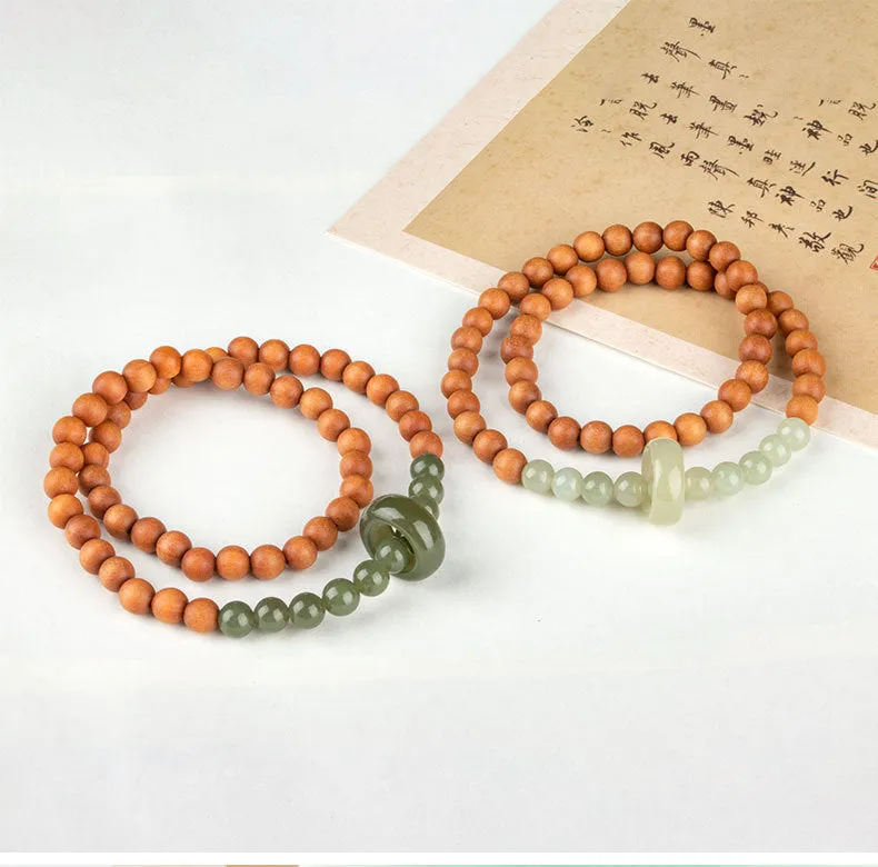 National Style Sandalwood and Hetian Jade Bracelet for Couples