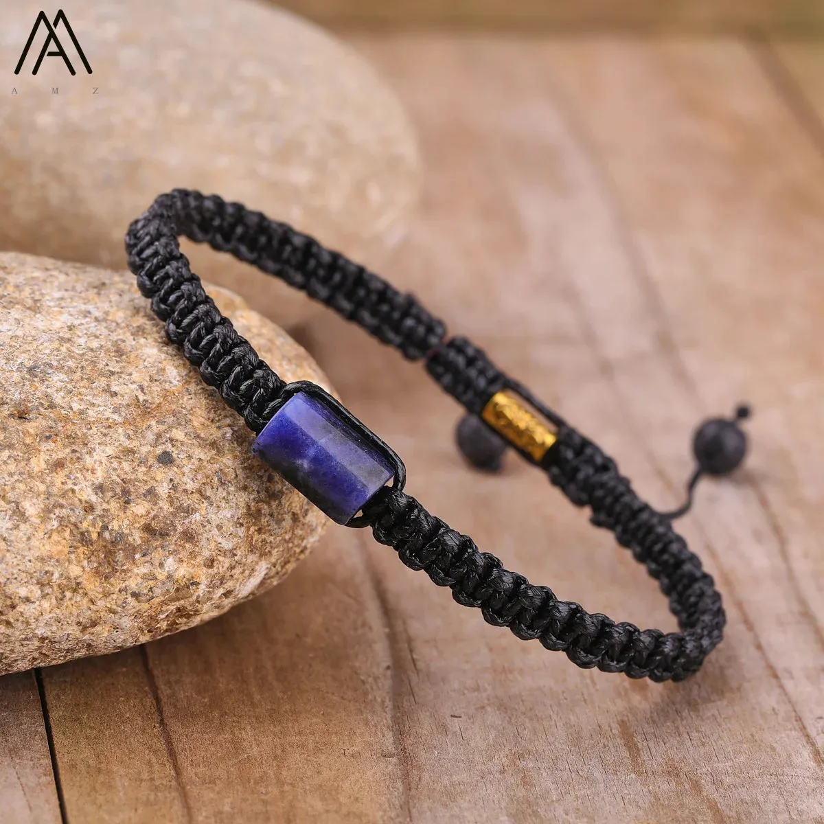 Natural Black Tourmaline Single Beads Woven Adjustable Bracelet Boho Women 6mm Black Lava Stone Beads Mala Bracelet N0383AMC