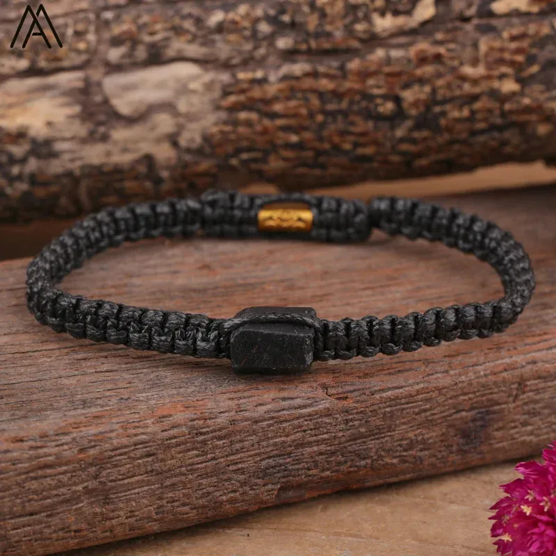 Natural Black Tourmaline Single Beads Woven Adjustable Bracelet Boho Women 6mm Black Lava Stone Beads Mala Bracelet N0383AMC