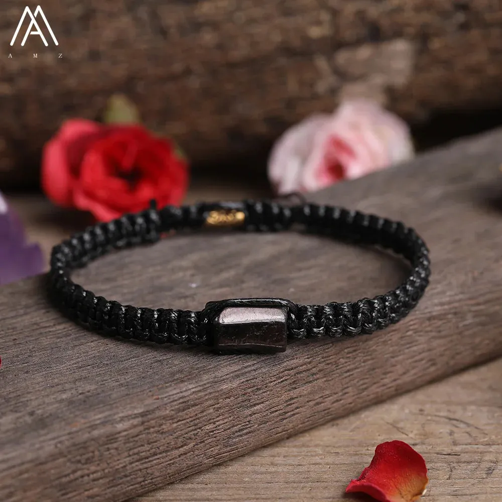 Natural Black Tourmaline Single Beads Woven Adjustable Bracelet Boho Women 6mm Black Lava Stone Beads Mala Bracelet N0383AMC