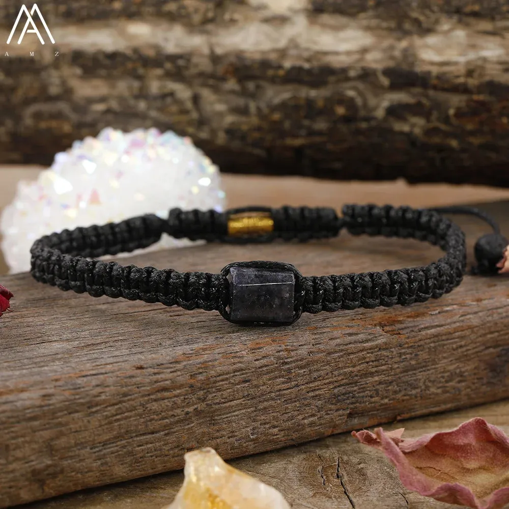 Natural Black Tourmaline Single Beads Woven Adjustable Bracelet Boho Women 6mm Black Lava Stone Beads Mala Bracelet N0383AMC