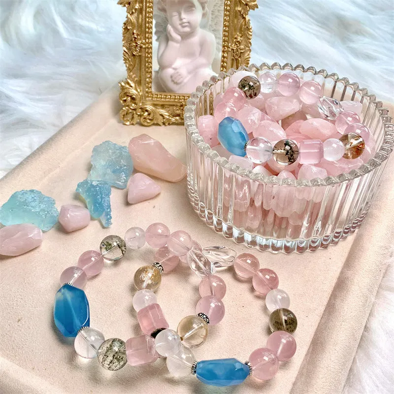 Natural Crystal Aquamarine&Pink Crystal Bracelets!!Super unique!!