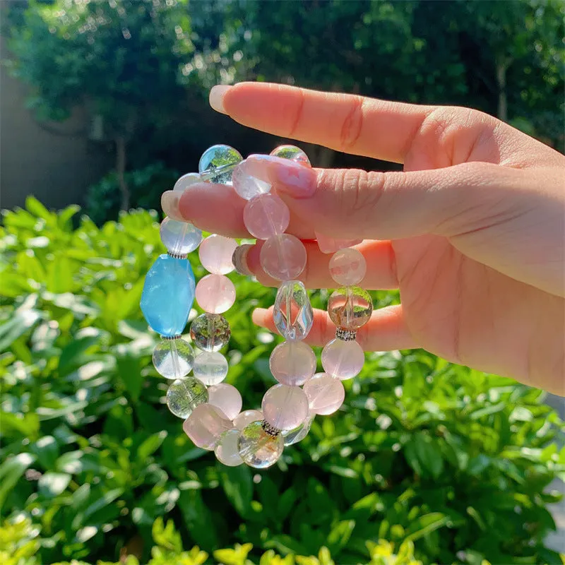 Natural Crystal Aquamarine&Pink Crystal Bracelets!!Super unique!!