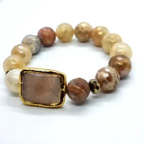 Natural Peach Moonstone Briolette Stretch Bead Bracelet with Gold Edging for Women