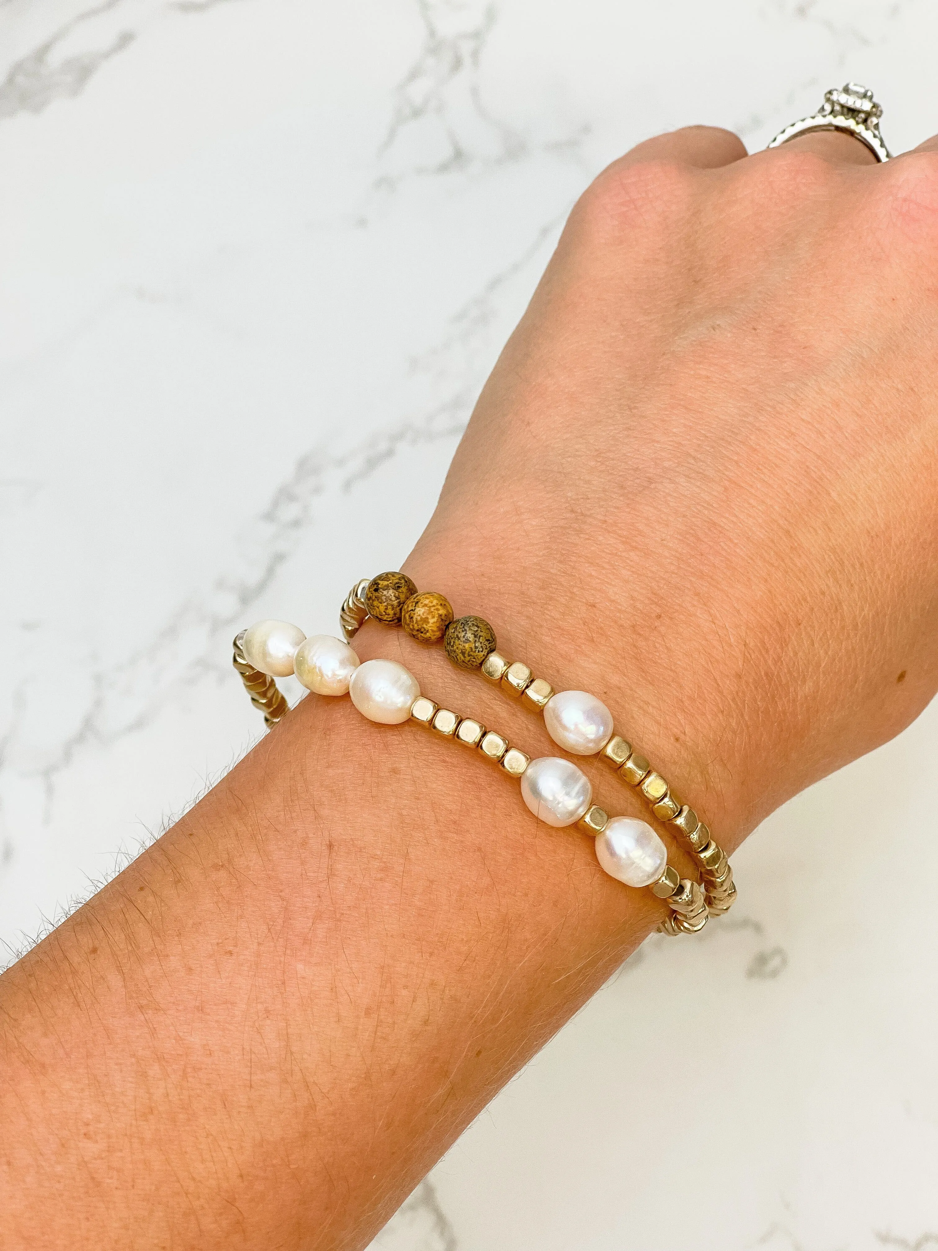 Natural Pearl & Wood Stretch Bracelet Set