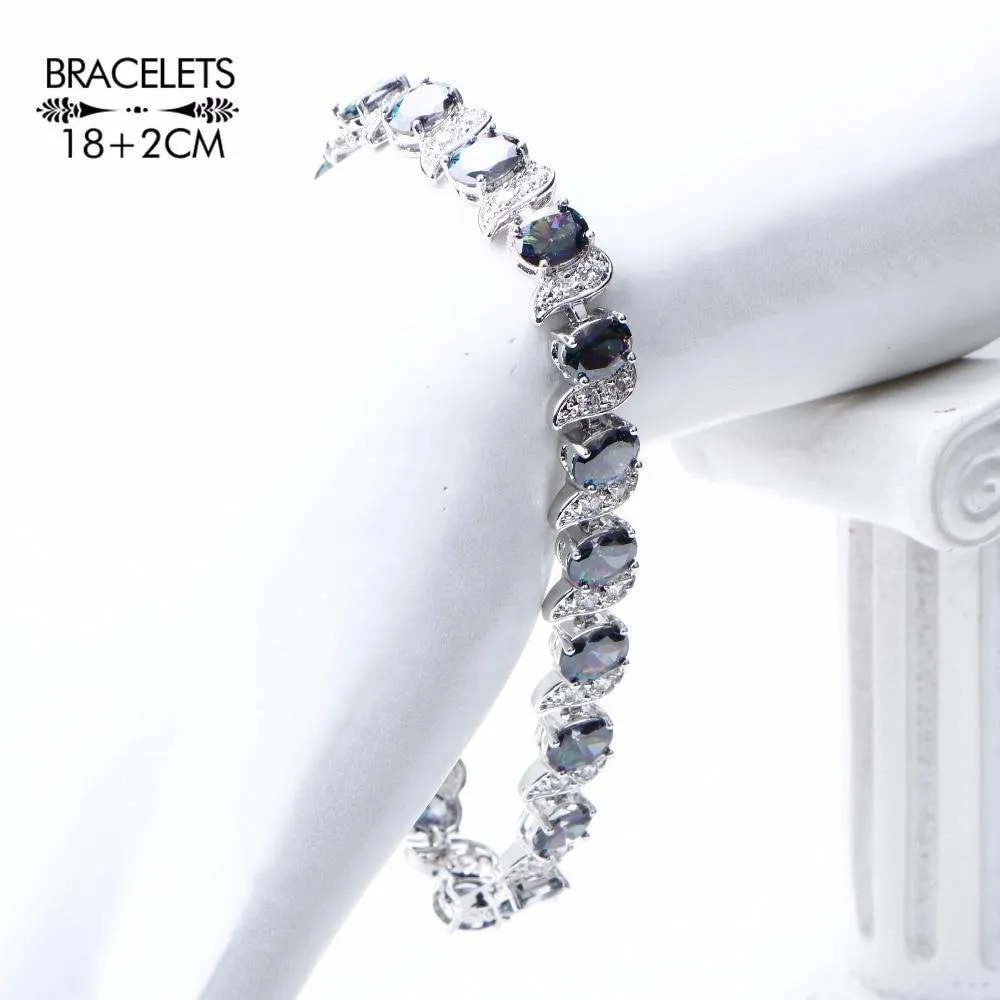 Natural Rainbow AAA  CZ  925 Sterling Silver Wedding Set with Bracelet Necklace Earrings and Rings Set