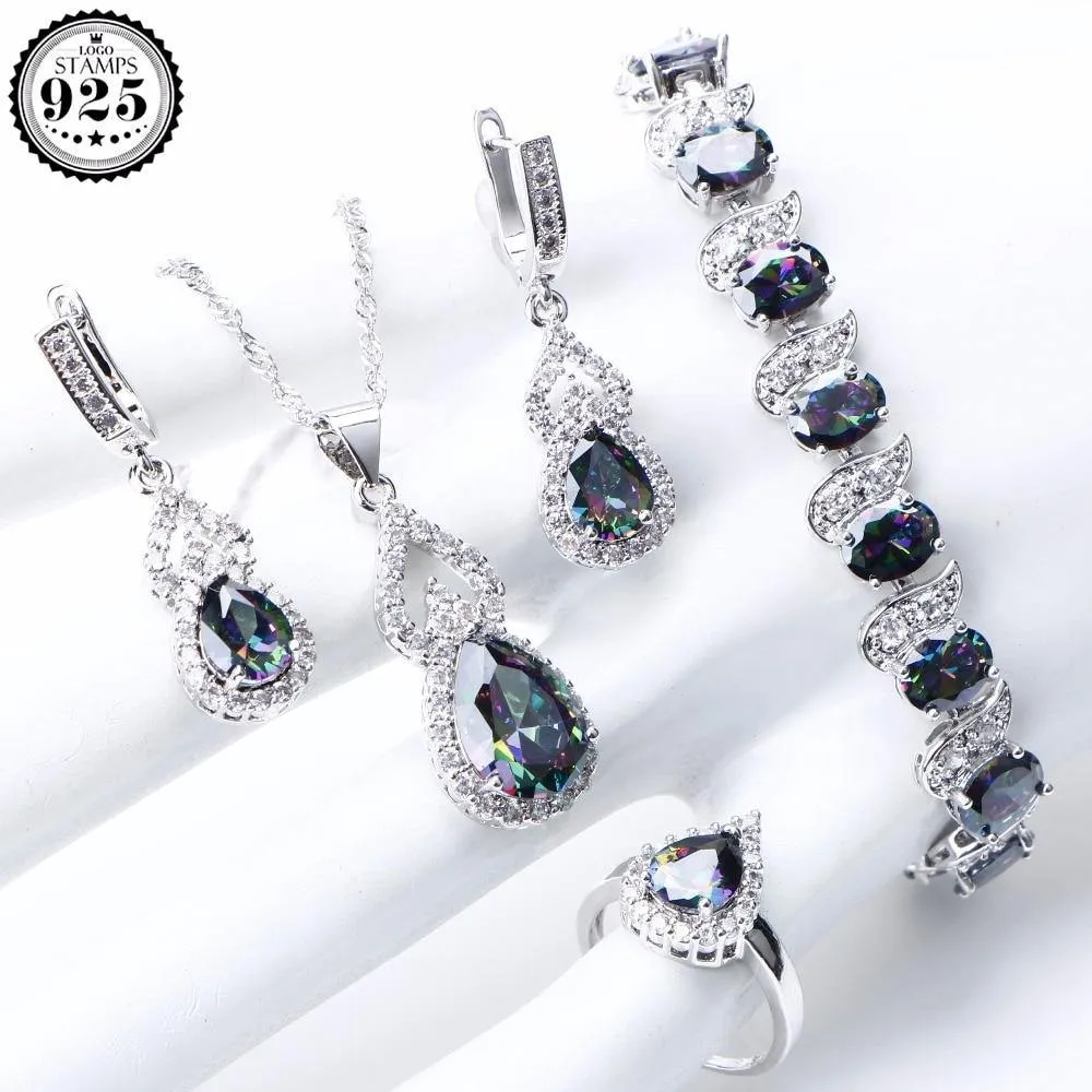 Natural Rainbow AAA  CZ  925 Sterling Silver Wedding Set with Bracelet Necklace Earrings and Rings Set