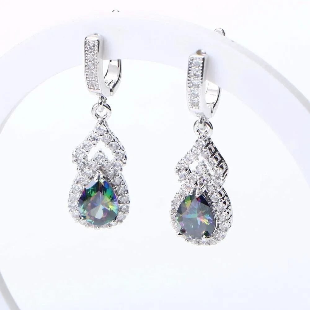 Natural Rainbow AAA  CZ  925 Sterling Silver Wedding Set with Bracelet Necklace Earrings and Rings Set