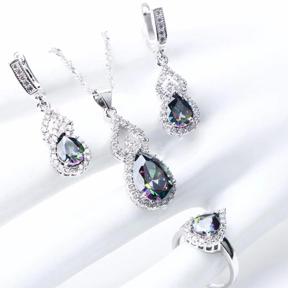 Natural Rainbow AAA  CZ  925 Sterling Silver Wedding Set with Bracelet Necklace Earrings and Rings Set