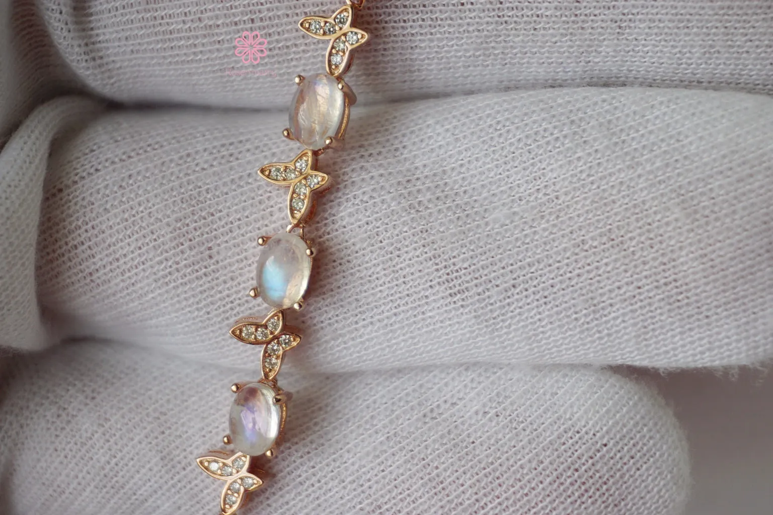 Natural Rainbow Moonstone Bracelet Sterling Silver925 Butterfly Design.