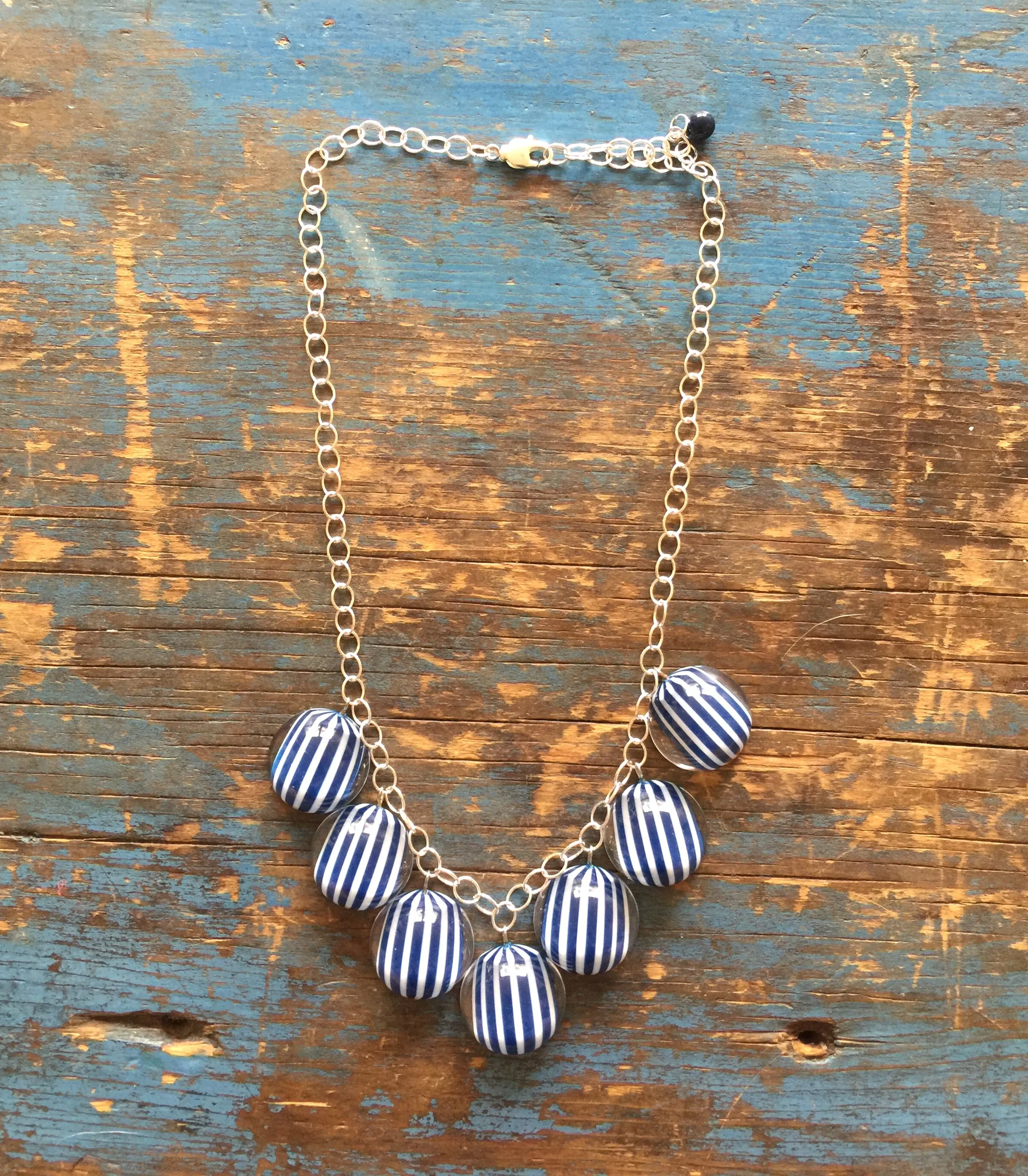 Navy White Stripe Nautical Poker Face Statement Necklace