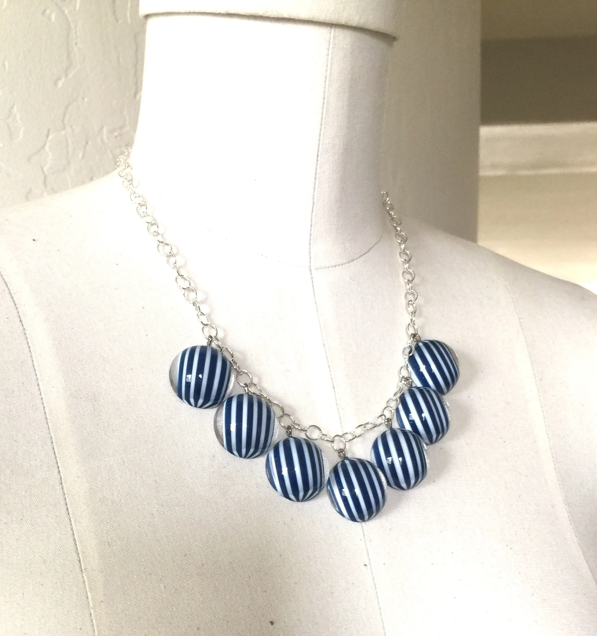 Navy White Stripe Nautical Poker Face Statement Necklace