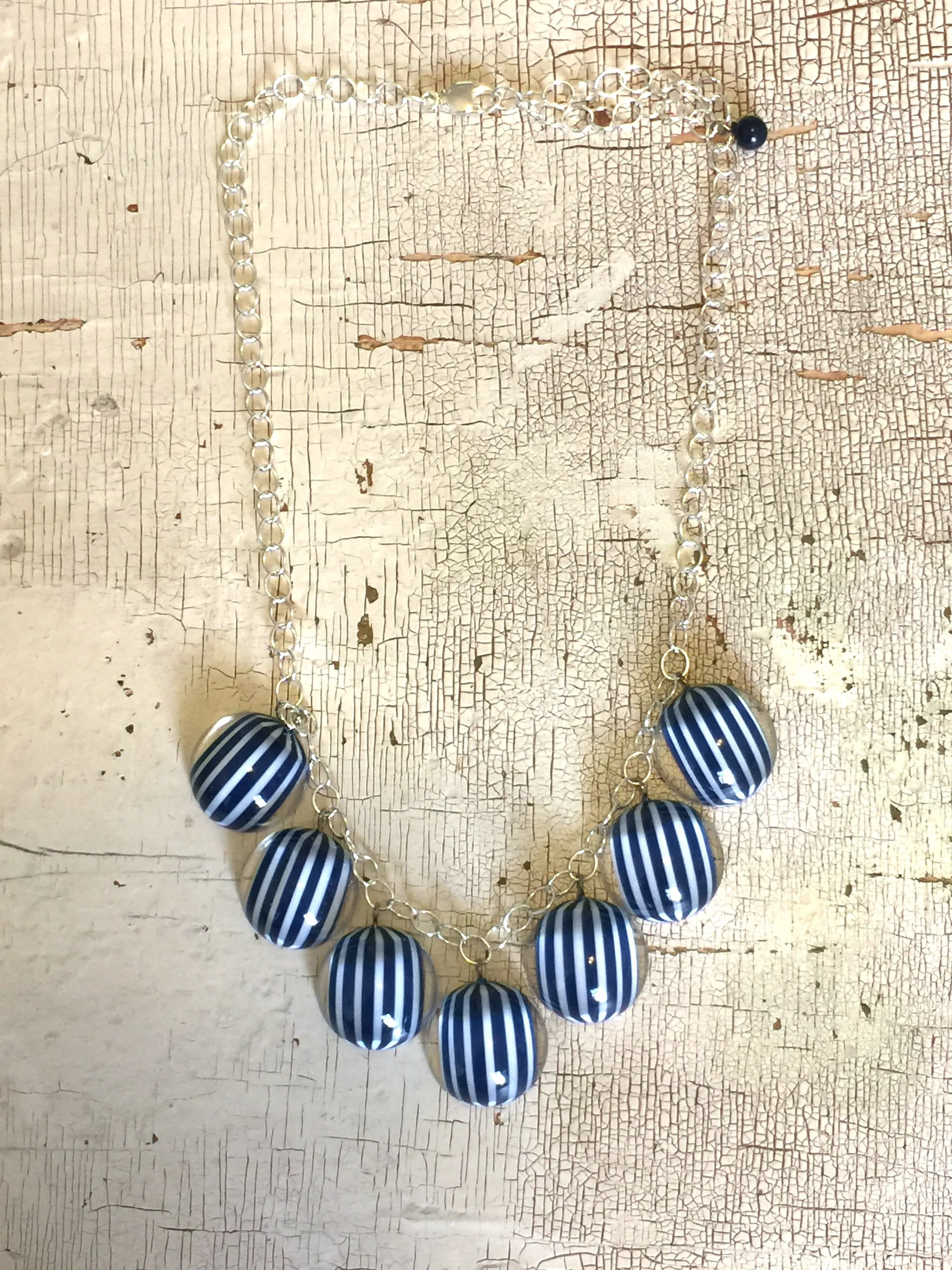 Navy White Stripe Nautical Poker Face Statement Necklace