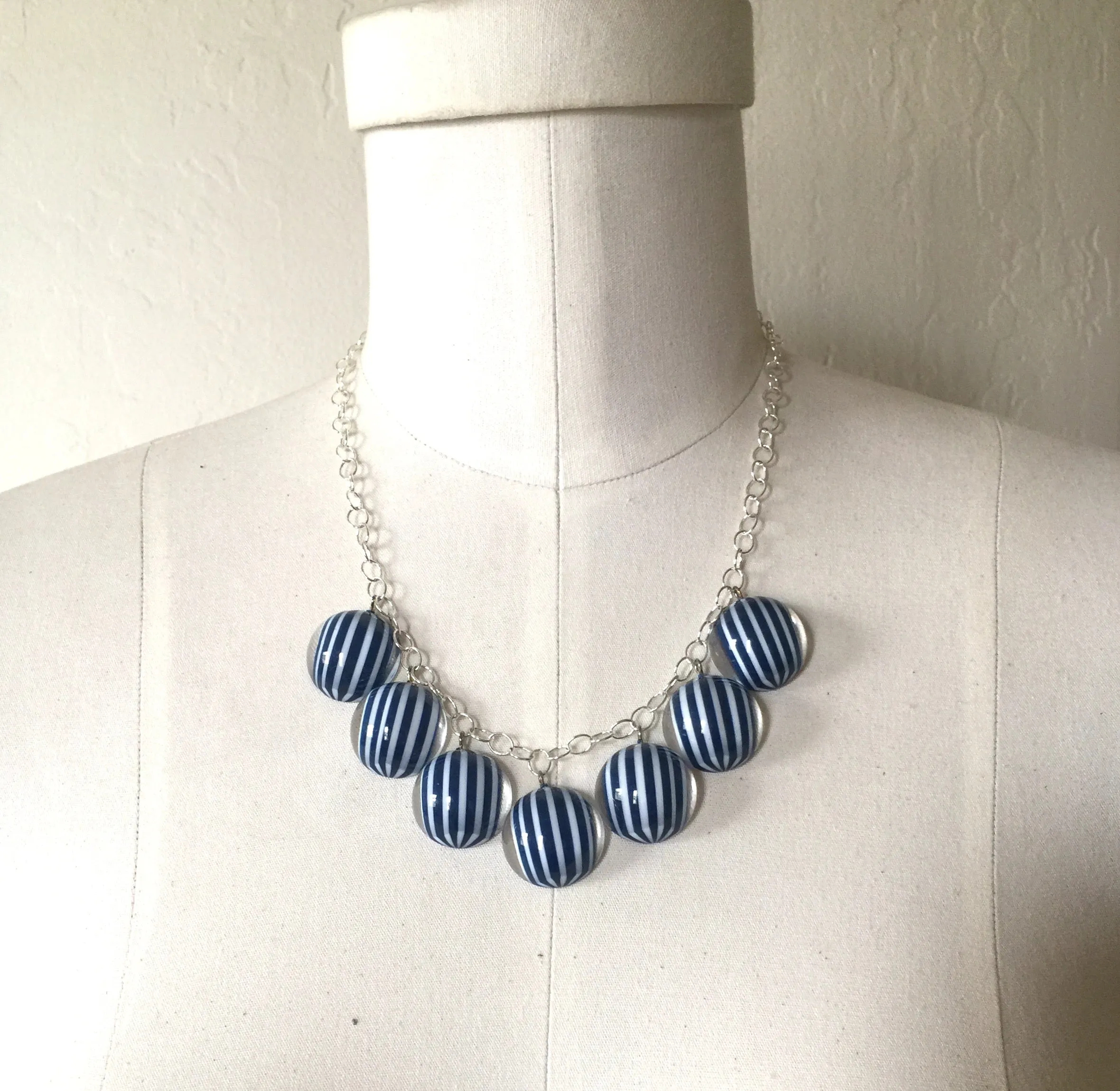 Navy White Stripe Nautical Poker Face Statement Necklace